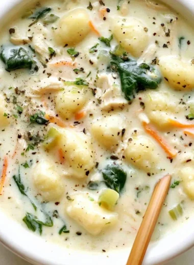 A bowl of Olive Garden Chicken Gnocchi Soup garnished with fresh herbs