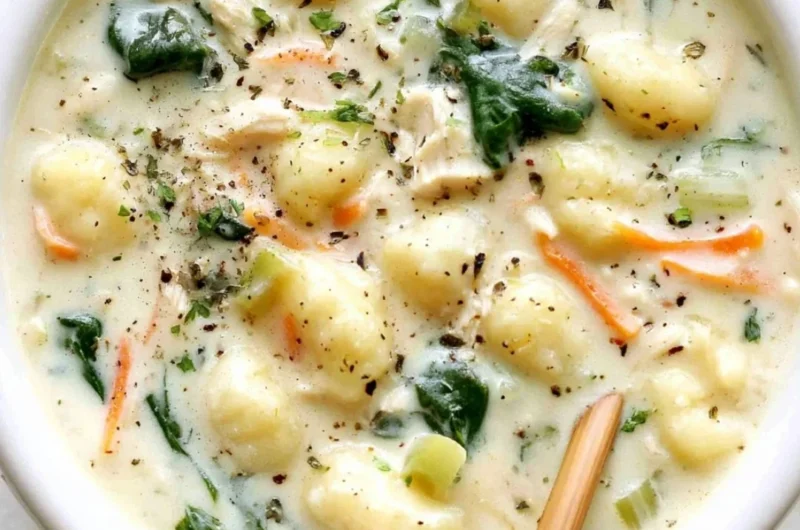 A bowl of Olive Garden Chicken Gnocchi Soup garnished with fresh herbs
