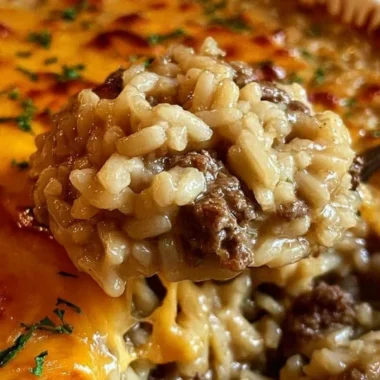 One-pan cheesy beef rice casserole baked to perfection