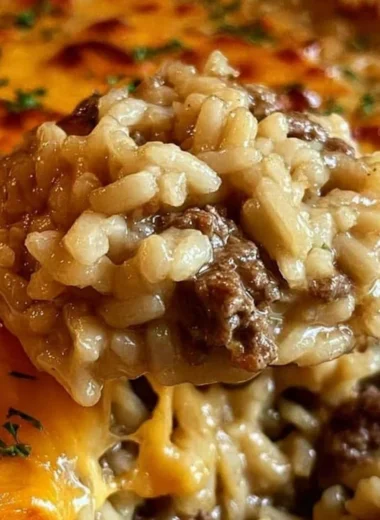 One-pan cheesy beef rice casserole baked to perfection