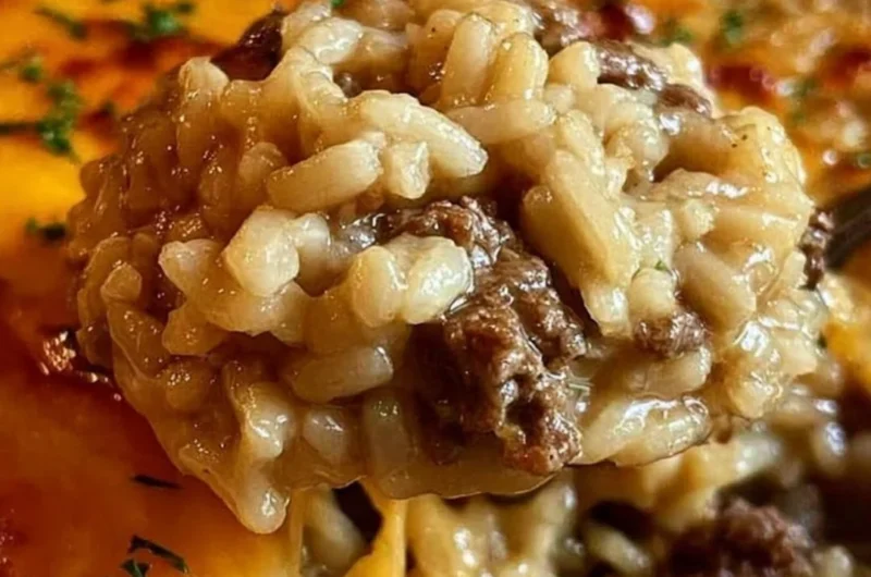 One-pan cheesy beef rice casserole baked to perfection