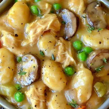 One Pot Gnocchi Chicken Pot Pie served in a beautiful dish with herbs