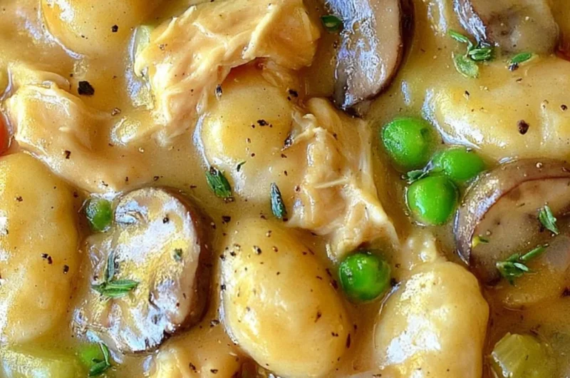 One Pot Gnocchi Chicken Pot Pie served in a beautiful dish with herbs