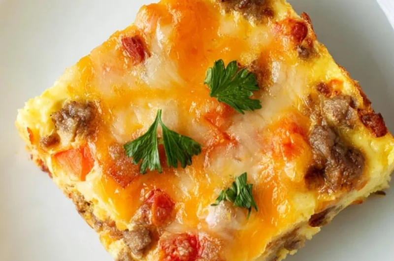 Hearty Overnight Bacon and Sausage Breakfast Casserole for holiday breakfast