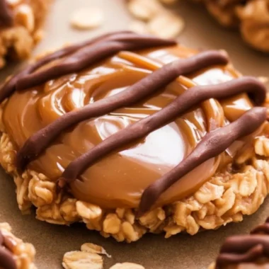 Delicious peanut butter chocolate caramel cookies stacked on a plate