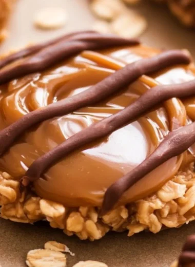 Delicious peanut butter chocolate caramel cookies stacked on a plate