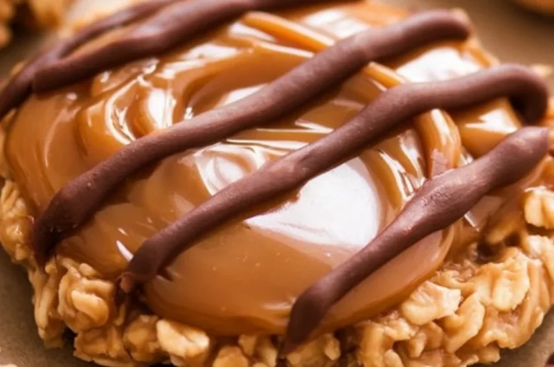 Delicious peanut butter chocolate caramel cookies stacked on a plate