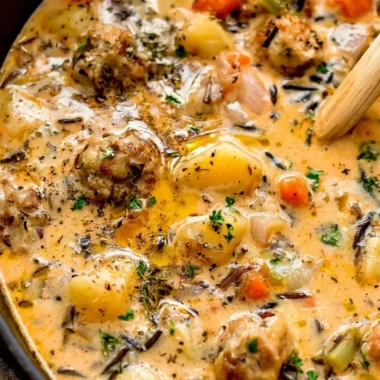 Bowl of creamy Potato and Sausage Chowder topped with herbs