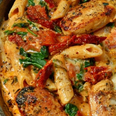 Plate of sun-dried tomato chicken pasta garnished with herbs and Parmesan cheese.