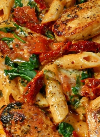 Plate of sun-dried tomato chicken pasta garnished with herbs and Parmesan cheese.
