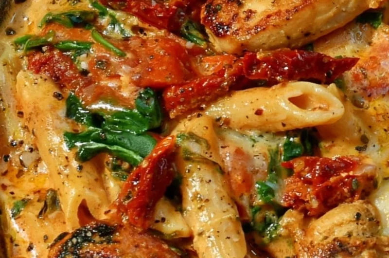 Plate of sun-dried tomato chicken pasta garnished with herbs and Parmesan cheese.