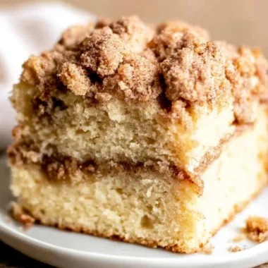 Sour cream coffee cake with cinnamon on a decorative plate.