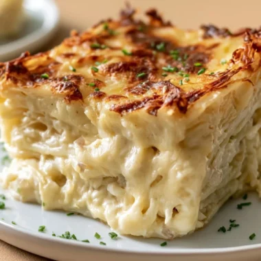 Creamy Steakhouse Potatoes Romanov topped with cheese and herbs