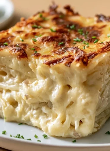 Creamy Steakhouse Potatoes Romanov topped with cheese and herbs