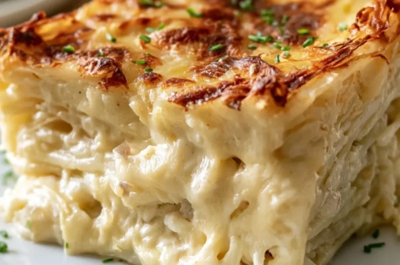 Creamy Steakhouse Potatoes Romanov topped with cheese and herbs