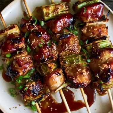 Grilled teriyaki chicken skewers served on a plate