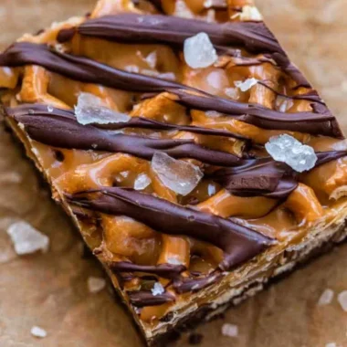 Delicious salted caramel pretzel bark with a drizzle of chocolate.