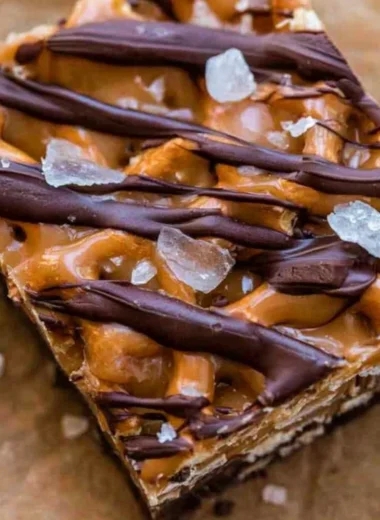 Delicious salted caramel pretzel bark with a drizzle of chocolate.
