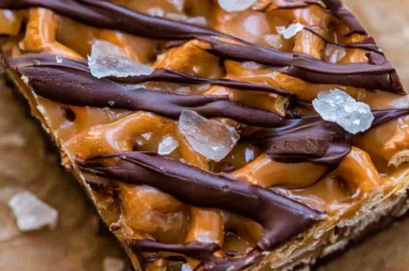 Delicious salted caramel pretzel bark with a drizzle of chocolate.