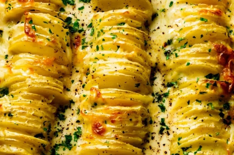 Deliciously creamy and cheesy scalloped potatoes topped with herbs.