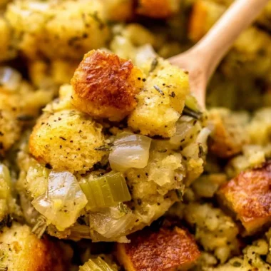 Delicious classic stuffing with buttery bread cubes, onions, and celery.