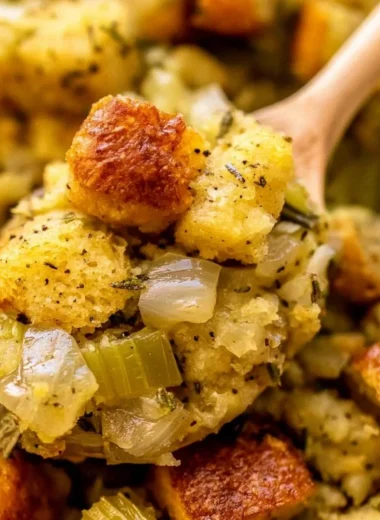 Delicious classic stuffing with buttery bread cubes, onions, and celery.