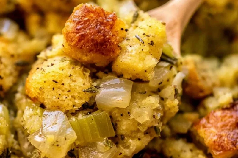 Delicious classic stuffing with buttery bread cubes, onions, and celery.